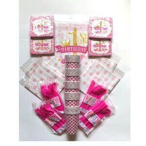 First Birthday Party Bundle, Color: Pink , White & Gold, disposable tableware